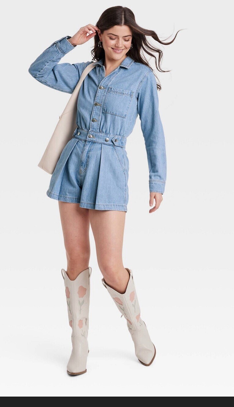 Women's Long Sleeve Denim Romper Size 16 Universal Thread™ Adjustable Waist - Picture 3 of 7
